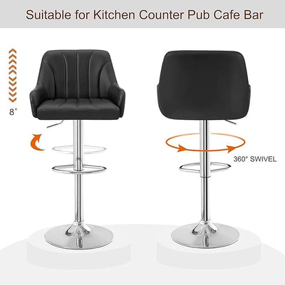 VECELO Bar Stools Set of 2, Adjustable Barstools, Counter Height Stools with Back and Arm, Kitchen Island Stools, Swivel PU Chairs for Pub, Dining Room, Modern Style, Black