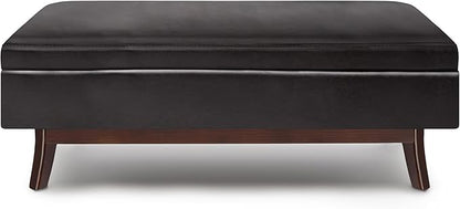 SIMPLIHOME Owen 48 inch Wide Mid Century Modern Rectangle Rectangular Storage Ottoman in Tanners Brown Vegan Faux Leather, Assembled, for the Living Room, Entryway and Family Room