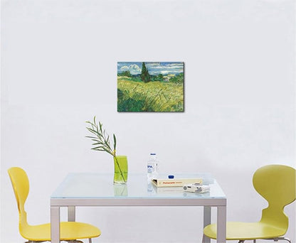 Wieco Art Modern Abstract Giclee Canvas Prints Wall Art Green Field 1889 by Van Gogh Famous Oil Paintings Reproduction Artwork Stretched and Framed Landscape Picture for KitchenDecoration