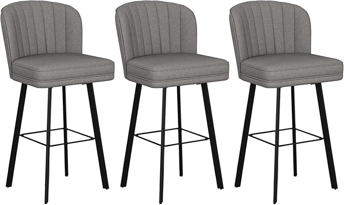 Swivel Counter Height Bar Stools Set of 3, 30'' Modern Barstools with Backs and Metal Legs, Upholstered Bar Chairs,Mid-Gray,Fabric Stools for Kitchen Island Chairs