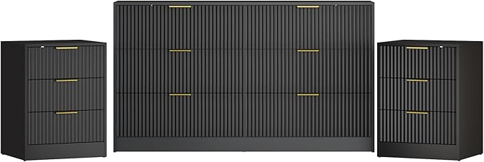 3-Piece Modern Bedroom Furniture Set, Wide 6-Drawer Dresser & 3-Drawer Nightstands Set of 2, Natural Wood Dresser and Nightstand Sets for Bedroom, Hallway, Black