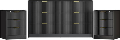 3-Piece Modern Bedroom Furniture Set, Wide 6-Drawer Dresser & 3-Drawer Nightstands Set of 2, Natural Wood Dresser and Nightstand Sets for Bedroom, Hallway, Black