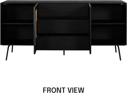 NTC MOSSIC Large Sideboard with 2 Doors and 3 Drawers, Buffet Cabinet with Natural Rattan and Metal Legs, Modern Storage Cabinet for Living Room, and Hallway, Effortless Assembly - Burnt Black