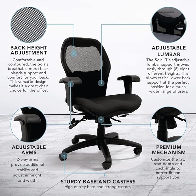 Seating Sola LT Ergonomic Office Chair | Comfortable Mid Back Computer Chair | Back Support Office Chair | Ultra-Soft | Ergonomic Lumbar Support Chair | (Sapphire Blue)