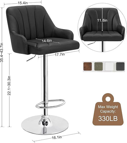 VECELO Bar Stools Set of 2, Adjustable Barstools, Counter Height Stools with Back and Arm, Kitchen Island Stools, Swivel PU Chairs for Pub, Dining Room, Modern Style, Black
