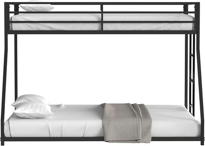 Twin Over Full Bunk Bed for Adults with Stairs Flat Rungs, Metal Bunk Beds Twin Over Full Size for Teens Dorm Bedroom Guest Room,Heavy Duty Bunk Beds with Ladder and Guardrail