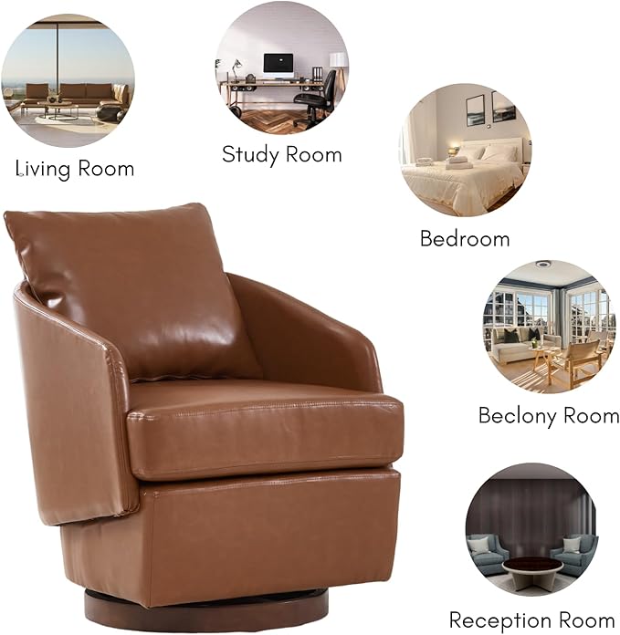 CIMOTA PU Leather Swivel Accent Chair, Modern Barrel Armchair with 360° Swivel Base and Pillow, Upholstered Club Chair for Living Room/Reading/Office, Brown