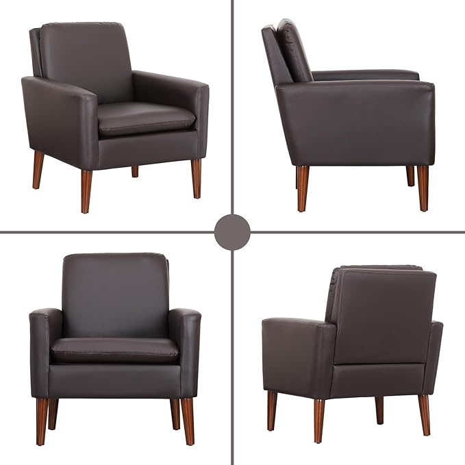Lohoms Faux Leather Accent Chair, Upholstered Living Room Armchair, Comfortable Reading Leisure Chairs for Bedroom, Guest Room, Waiting Room Furniture Seat- Brown