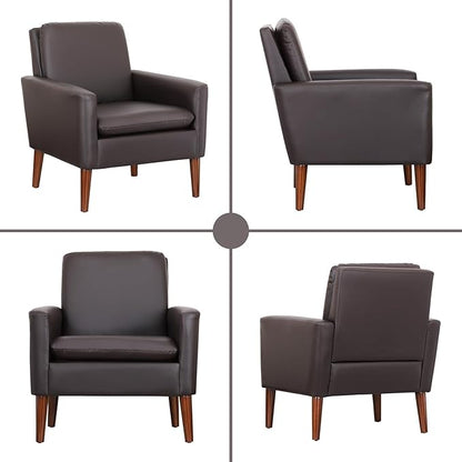 Lohoms Faux Leather Accent Chair, Upholstered Living Room Armchair, Comfortable Reading Leisure Chairs for Bedroom, Guest Room, Waiting Room Furniture Seat- Brown