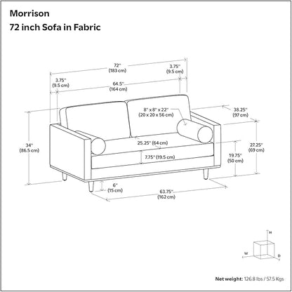 SIMPLIHOME Morrison 72-inch Wide Sofa in Mist Grey Woven-Blend Fabric, Handcrafted Mid-Century Modern Loveseat for Living Room or Family Room, Single Bench Cushion, Bolster Pillows