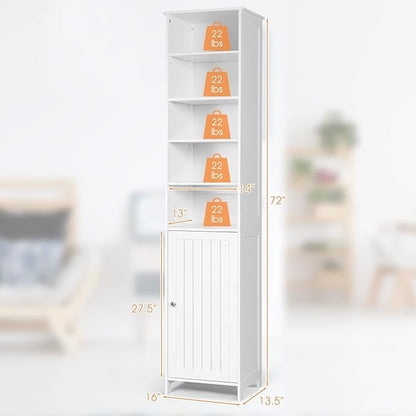COSTWAY Bathroom Storage Cabinet, Freestanding Floor Cabinet with 3-Level Adjustable Shelves, Convenient Door & Knob, Narrow Tall Cabinet Organizer for Bathroom, Living Room, Kitchen (White)