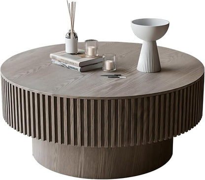 31.5'' Round Coffee Table for Living Room, Fluted Coffee Tables with Hidden Storage, Solid Wood Veneered Circle Modern Tea Table for Small Space Apartment (Grey-31.5''D×14''H)