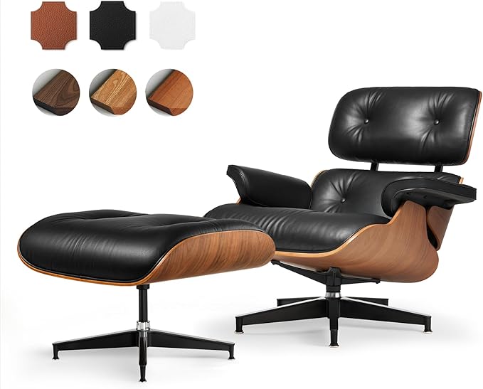 Top Black Grain Leather, Mid Century Chaise Lounge Chair and Ottoman, Leather Accent Chair, Modern Chair, Classic Design, Heavy Duty Base Support for Living Room Lounge Office, Walnut, Heightening