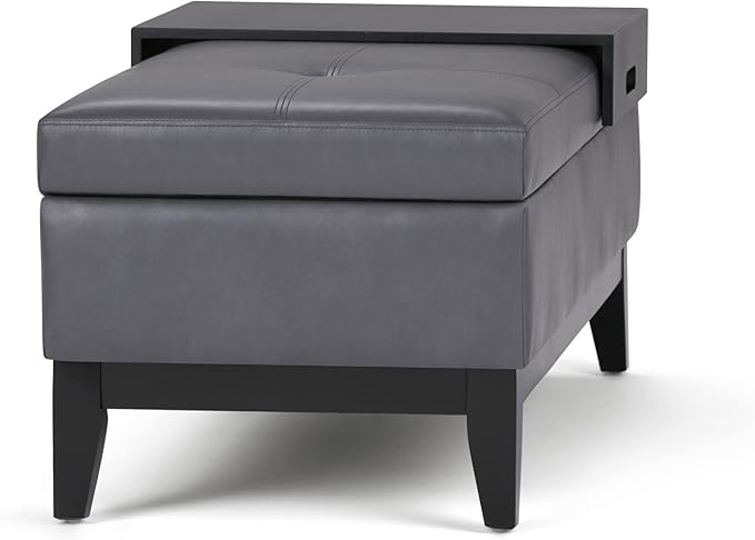 SIMPLIHOME Oregon 42 inch Wide Contemporary Rectangle Storage Ottoman Bench with Tray in Stone Grey Vegan Faux Leather, Assembled, For the Living Room, Entryway and Family Room