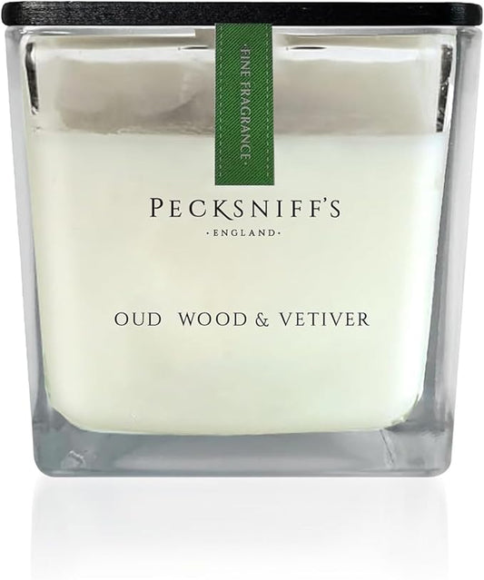 Pecksniff's Prestige 1 Wick Square Candle, Oudwood & Vetiver - Luxurious Blend of Citrus, Florals, and Precious Woods - 190g Sophisticated Home Decor and Fragrance - 6.7 oz