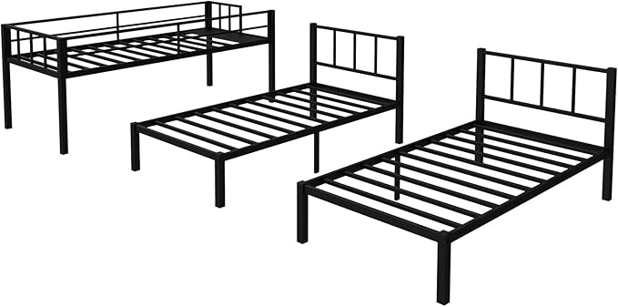 Heavy Duty Triple Bunk Bed, Twin Over Twin Over Twin with Guardrails and Ladder, Metal Bunk Bed for 3, 3 Bed Teens and Adults, No Box Spring Needed, Black