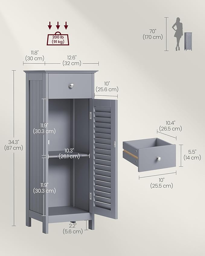 VASAGLE Storage Cabinet, Small Slim Floor Cabinet with Drawer and Shutter Door, for Living Room, Bathroom, Bedroom, 11.8 x 12.6 x 34.3 Inches, Dove Gray UBBC043G02