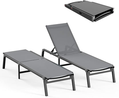 Ciokea Patio Chaise Lounge Chair, Foldable Lounge Chair for Outside, Aluminum Chairs Set of 2 with 5 Adjustable Backrest, Outdoor Pool Lounger for Poolside, Lawn, Deck, Grey