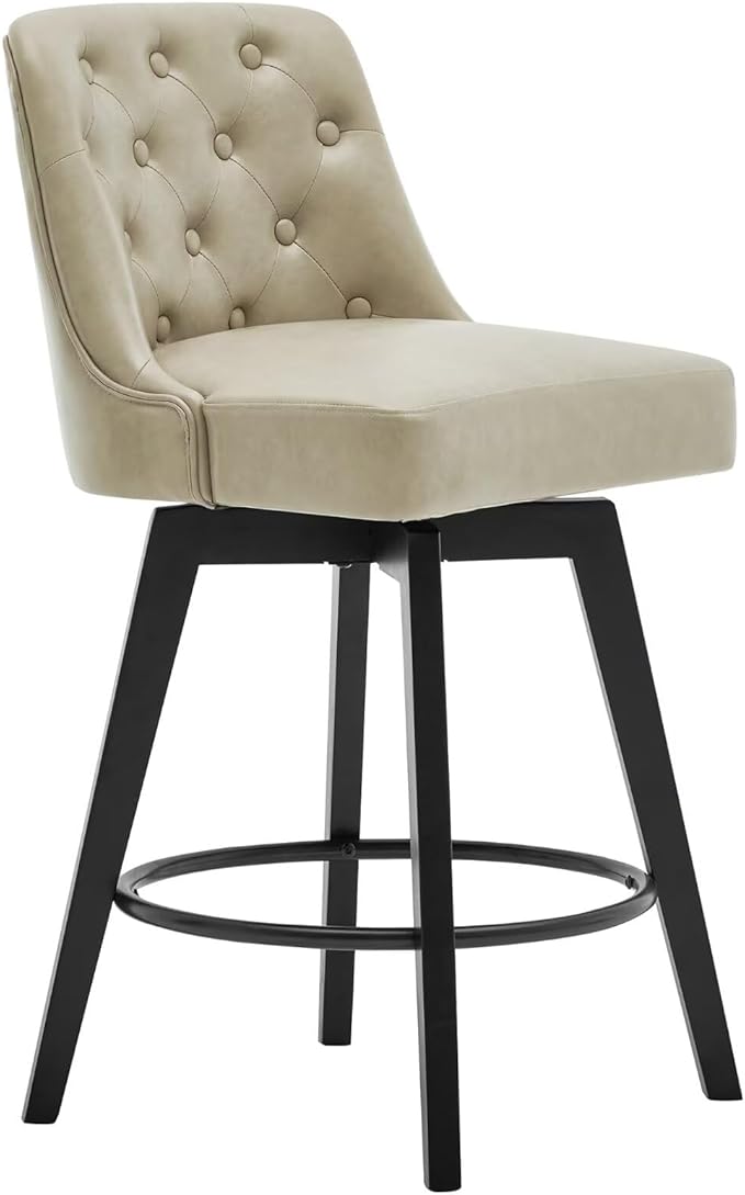 MINCETA Bar Stools Set of 2, PU Leather Barstools, 26 Inch Upholstered Counter Stools with Low Tufted Back and Footrest, Swivel Counter Height Barstools for Kitchen Island Home Bar Khaki