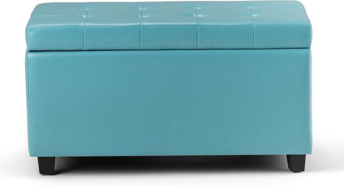 SIMPLIHOME Cosmopolitan 34 inch Wide Transitional Rectangle Storage Ottoman in Soft Blue Vegan Faux Leather, Assembled, For the Living Room, Entryway and Family Room