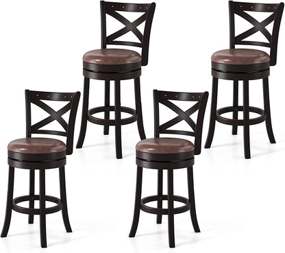 COSTWAY Bar Stools Set of 4, 26" Swivel Counter Height Bar Chairs with Copper Nails, Upholstered Seat, X-Shaped Backrest, Solid Rubber Wood Frame, for Kitchen Island Pub Bar