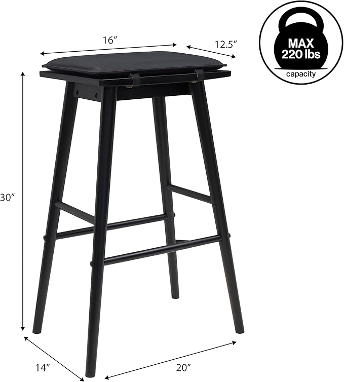 JONATHAN Y BSL2002C Peroni 30.5" MidCentury Classic Saddle-Seat Solid Wood/Vegan Leather Backless Bar Stool for Home, Kitchen, Workspaces, Cafes and Resturants with Removeable Cushion, Black