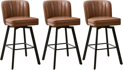Swivel Counter Height Bar Stools Set of 3, 30'' Modern Barstools with Backs and Metal Legs, Upholstered Bar Chairs, Faux Leather Dark Brown Stools for Kitchen Island Chairs