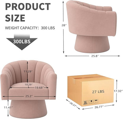 Swivel Accent Chair,Upholstered Velvet 360° Swivel Barrel Chair for Living Room Overstuffed Bouncle Reading Chair Round Armchair for Bedroom,Vanity,Office(Pink)