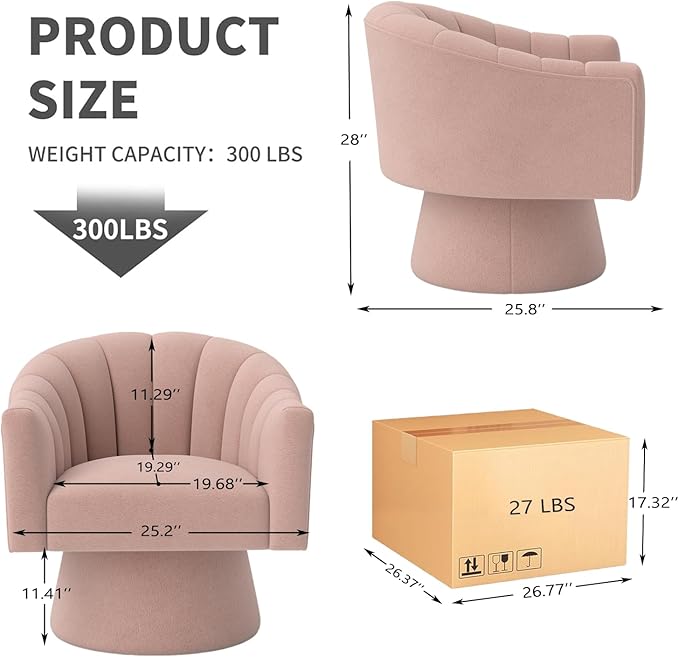 Swivel Accent Chair Set of 2, Upholstered Velvet 360° Swivel Barrel Chair for Living Room Overstuffed Bouncle Reading Chair Round Armchair for Bedroom,Vanity,Office (Pink)