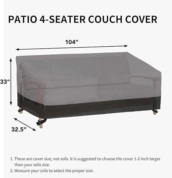 Easy-Going Waterproof Outdoor Couch Cover, Heavy Duty 4-Seater Patio Sofa Cover, Windproof Outdoor Furniture Cover with Air Vent (104Wx32.5Dx33H inch, Gray/Black)