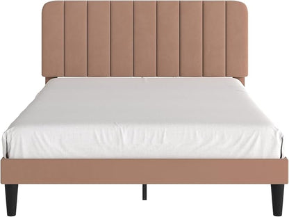 VECELO Full Size Bed Frame with Upholstered Headboard, Velvet Platform Bedframe Mattress Foundation, Strong Wood Slat Support, No Box Spring Needed,Tan Brown