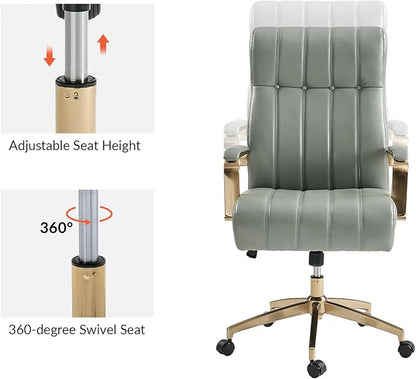 HULALA HOME Modern Executive Office Chair, Faux Leather Tufted Ergonomic Desk Chair with Gold Plated Base & Armrests, 360° Swivel Adjustable Height Tilt Home Office Chair for Work/Study