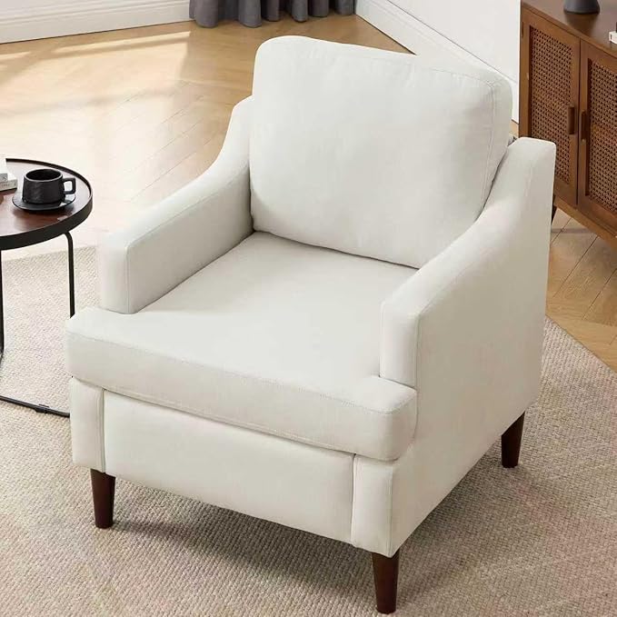 Mid-Century Accent Chair Modern Linen Fabric Armchair for Living Room,Comfy Upholstered Reading Chairs for Bedroom,Single Sofa Chair with Wood Legs (Linen Beige, Set of 1)