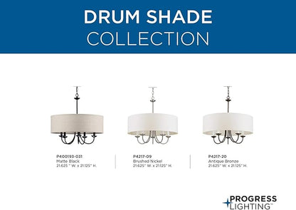 Progress Lighting Drum Shade Collection Five-Light Chandelier, Farmhouse Style Hanging Ceiling Light Fixture for Dining Rooms, Foyers, White Textured Linen Shade, Brushed Nickel