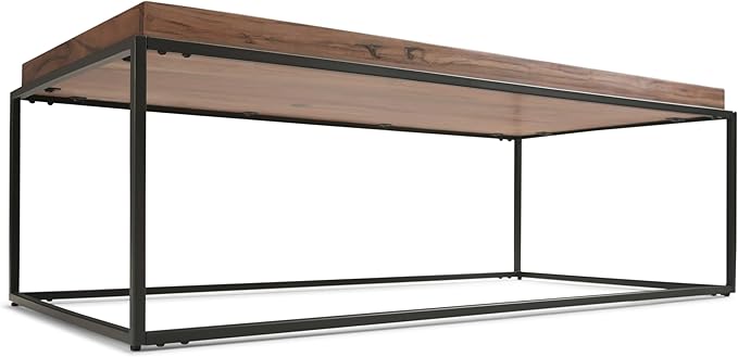 SIMPLIHOME Carter Coffee Table - 47 inch Wide Solid Acacia Wood Industrial Tray Top Cocktail Table in Natural Acacia, Stylish Living Room Table with Fixed Tray Shelf and Metal Base