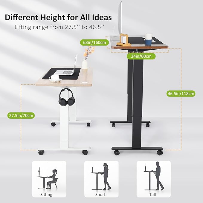 farexon Electric Standing Desk Adjustable Height, 63x24 Inches Computer Desk with Rolling Wheels, Mouse Pad,Multifunctional Stand up Desk for Home/Office(White)
