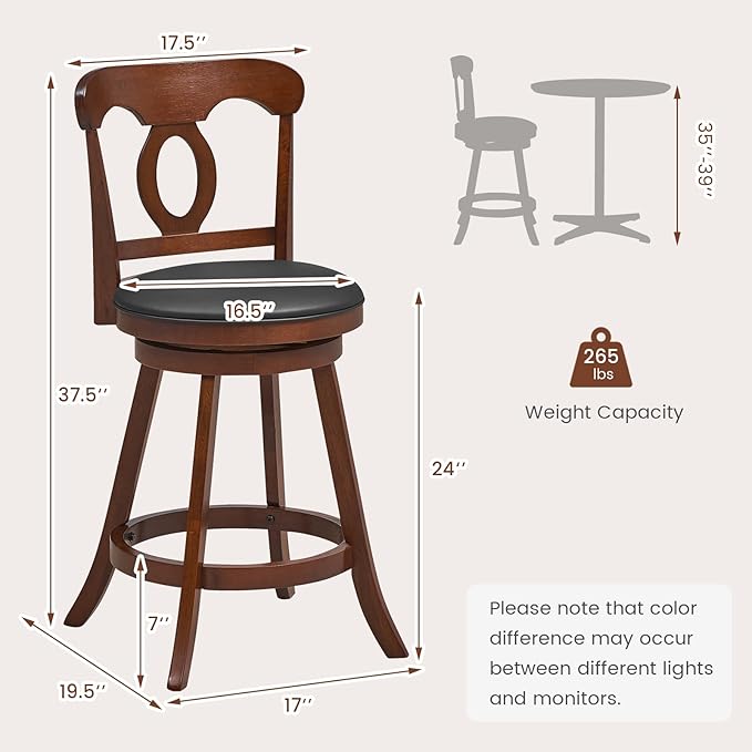 COSTWAY 2 PCS Bar Stools, 24 Inch Swivel Counter Height Chairs with Ergonomic Back & Footrest, Vintage Wooden Barstool Set for Kitchen Island, Pub, Bistro, Café, Espresso (4, 24 Inch)