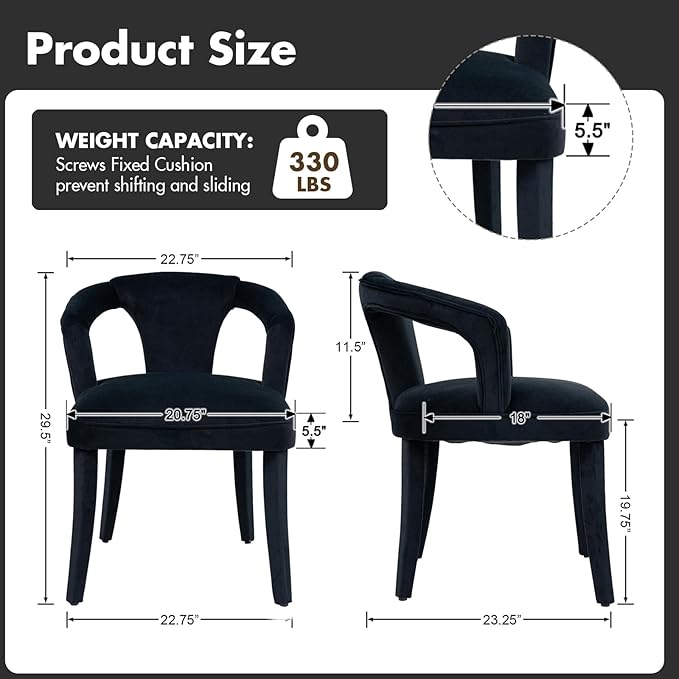 Black Velvet Dining Chairs Set of 4, Modern Upholstered Accent Chairs with Curved Back & Arms, Comfy Large Fully Upholstered Side Chair for Living Room