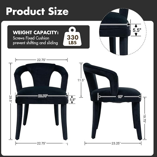 Black Velvet Dining Chairs Set of 2, Modern Upholstered Accent Chairs with Curved Back & Arms, Comfy Large Fully Upholstered Side Chair for Living Room