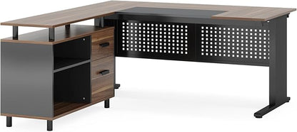 LITTLE TREE Large Computer Desk with File Cabinet, 63 Inch L Shaped Executive Office Desk with Drawers and Storage Shelves, Business Furniture Workstation for Home Office