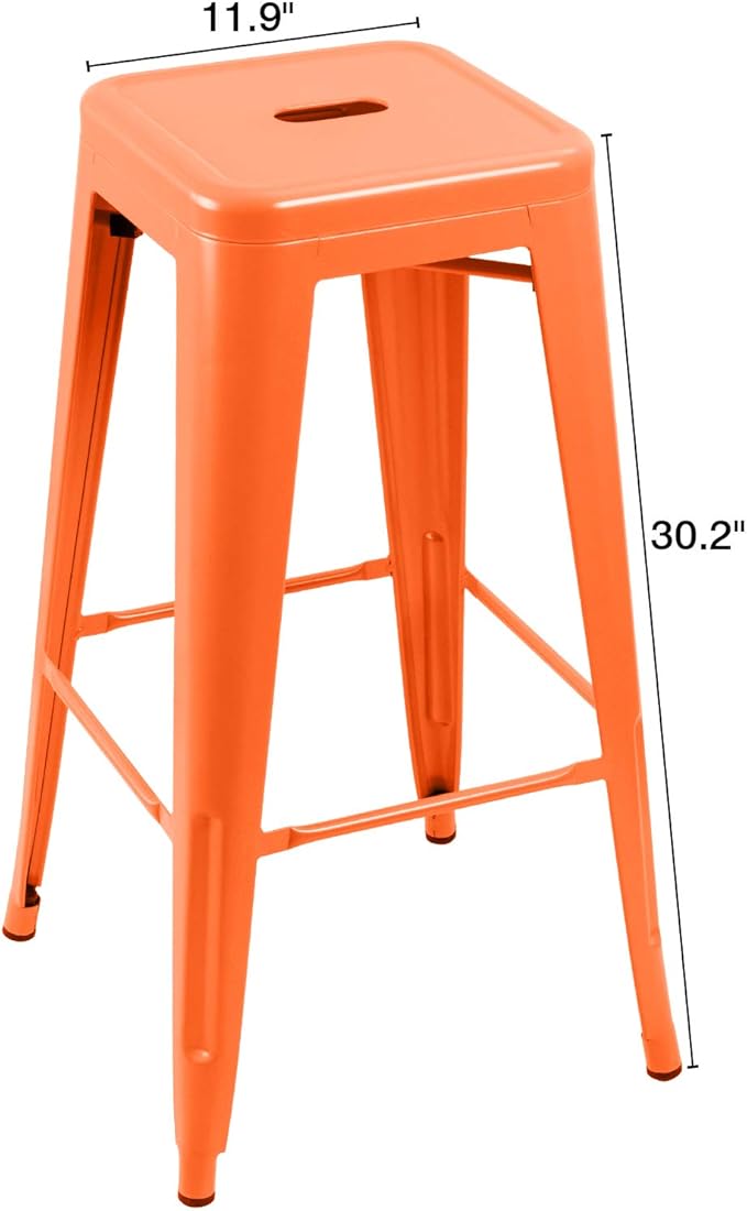 Furniwell 30 Inches Metal Bar Stools High Backless Tolix Indoor-Outdoor Stackable Barstool with Square Counter Seat Set of 4 (Orange)