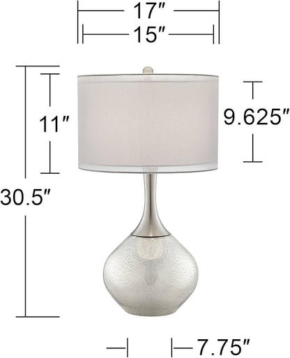 Possini Euro Design Swift Mid Century Modern Table Lamps 30.5" Tall Set of 2 Mercury Glass Chrome Double Sheer Drum Shade Decor Living Room Bedroom House Bedside Nightstand Home Office Entryway