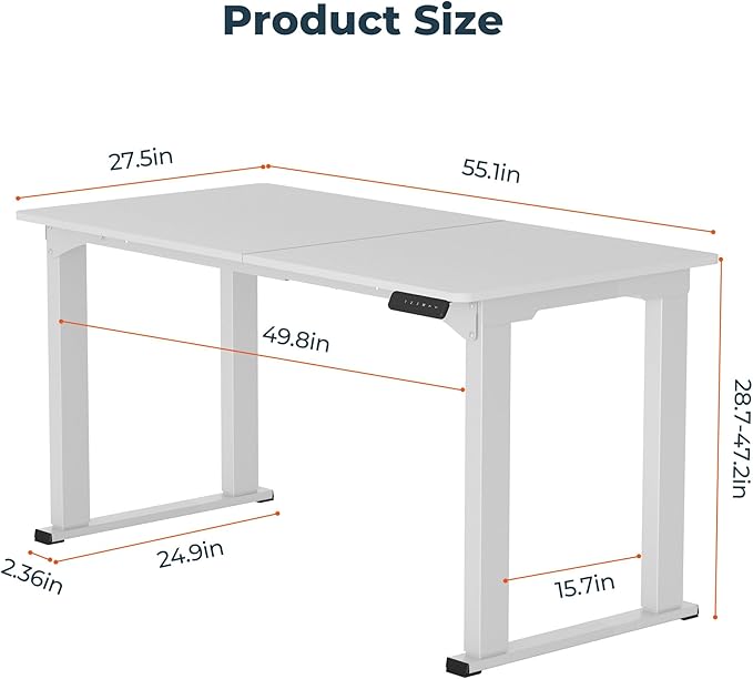 4 Legs Standing Desk, Large 55x28 Inches Electric Adjustable Height Desks with Splice Board, Stand Up Desks Home Office Computer Workstation, White