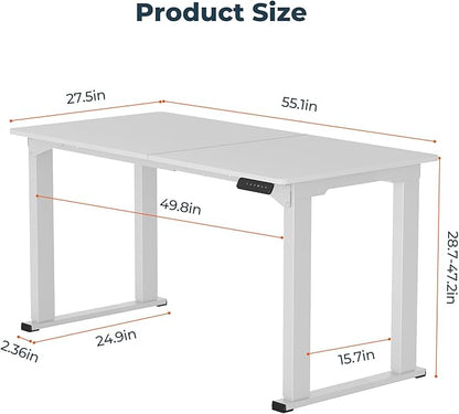 4 Legs Standing Desk, Large 55x28 Inches Electric Adjustable Height Desks with Splice Board, Stand Up Desks Home Office Computer Workstation, White