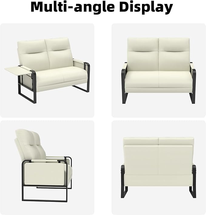 Faux Leather Loveseat, Upholstered Loveseat with Side Tray Table & Storage Pocket, Small Loveseat for Living Room, Modern 2 Seater Sofa Couch for Small Spaces, Bedroom, Beige