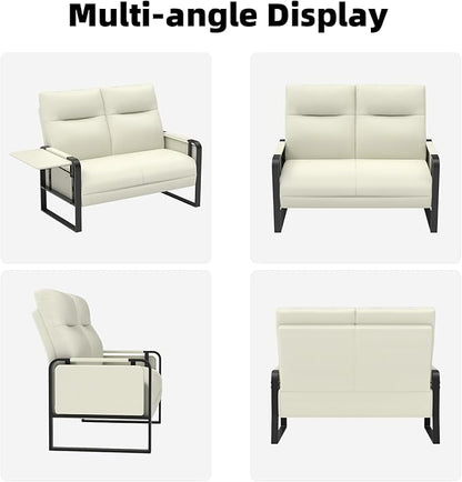 Faux Leather Loveseat, Upholstered Loveseat with Side Tray Table & Storage Pocket, Small Loveseat for Living Room, Modern 2 Seater Sofa Couch for Small Spaces, Bedroom, Beige