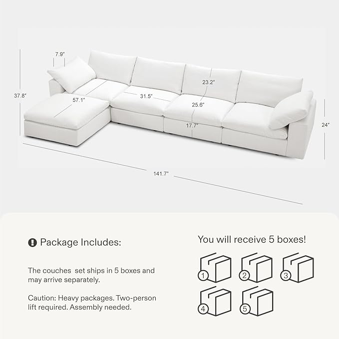 Modular Sectional Sofa, 141.7" L Shaped Modern Sofa Modular Sectional Cloud Couch with Ottoman, Modern Cloud Sectional Couches for Living Room, Deep Seat Sofa with Washable Cover