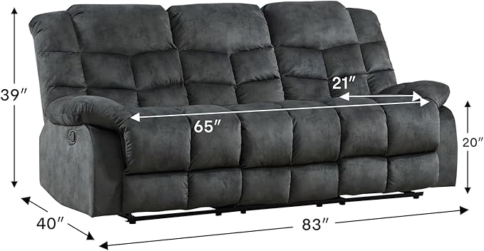 CANMOV Manual Reclining Sofa, 3 Seat Recliner Sofa with Armrest and Overstuffed Backrest, Couch Set for Living Room, Bedroom, Office, Grey