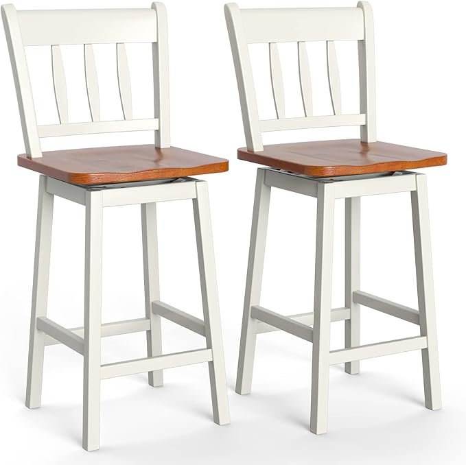 COSTWAY Bar Stools Set of 2, 24.5 Inch Rubber Wood Bar Chairs with 360°Swiveling, Footrest, Swivel Counter Height Barstools Ideal for Kitchen Island, Counter, Pub or Bar (2, White)