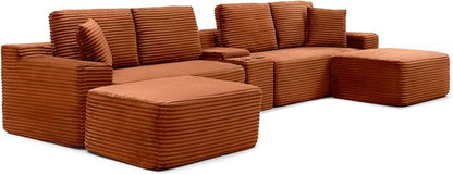 150" Oversized Modular Sectional Sofa,Deep Seat Cloud Corduroy Boneless Couch with Cup Holders,USB Ports, Wireless Charging & Storage Box,Upholstered Modular Sleeper Sofa for Living Room (Orange)